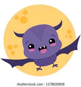 Vector Cute Purple Bat and Moon Halloween Illustration. Perfect for scrapbooking, kids, stationary, Halloween, clothing, accessories, and home decor projects.