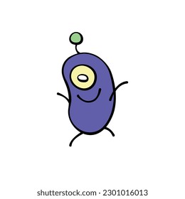 Vector cute purple funny alien in doodle style. Simple color illustration, decorative element, clip art on the theme of UFO, space, kids design