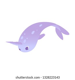 Vector cute purple narwhal character, sea unicorn with horn icon. Cartoon underwater arctic mammal for kids design. Smiling north wildlife marine animal on isolated background.