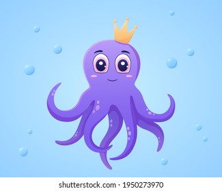 Vector cute purple octopus with a crown on his head. Octopus in the ocean in cartoon style. Sea animal

