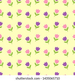 Vector Cute Purple and Pink Tulip Flower Pattern in Yellow Background