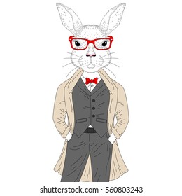 Vector cute rabbit boy in elegant suit with coat, glasses. Hand drawn anthropomorphic animal cartoon, cheerful fashion bunny hipster, illustration for t-shirt print, greeting card, party invitation