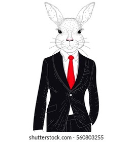 Vector cute rabbit boy in elegant classic suit. Hand drawn anthropomorphic animal cartoon, cheerful fashion bunny hipster, illustration for t-shirt print, kids greeting card, invitation for party