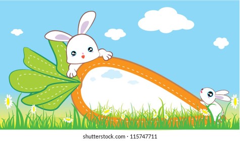 vector cute Rabbit bunny carrots radish menu label tag