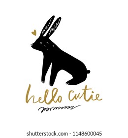 Vector cute rabbit, bunny. Scandinavian style monochrome art. Nursery print, poster, card, t-shirt and other.