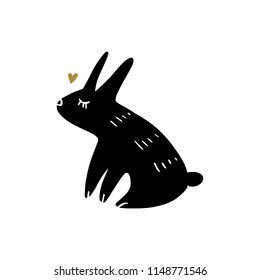 Vector cute rabbit, bunny. Scandinavian style monochrome art. Nursery print, poster, card, t-shirt and other.