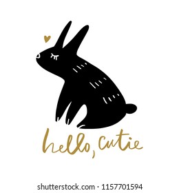 Vector cute rabbit, bunny. Scandinavian style monochrome art. Nursery print, poster, card, t-shirt and other.