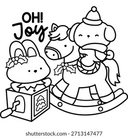 a vector of a cute rabbit and dog playing with toys in Christmas vibe