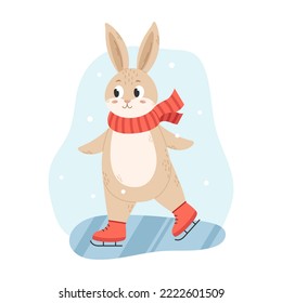 Vector cute rabbit ice skating. Winter bunny on ice skates. Animal in a red scarf. Winter sport.