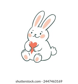 Vector cute rabbit illustration. White bunny with heart isolated on white background. Stylized funny bunny for Easter or Valentines day. Greeting card design with animal.