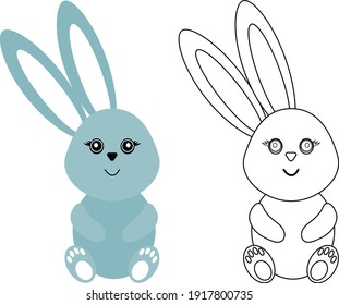 vector cute rabbit with long ears. flat illustration of little blue rabbit and rabbit with black outline. coloring book for children