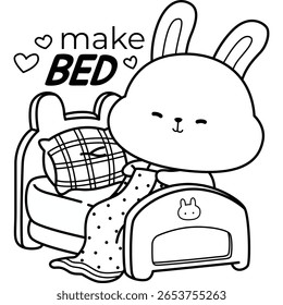 a vector of a cute rabbit making bed in the morning in black and white coloring