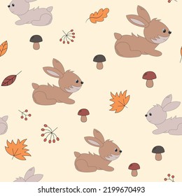 Vector cute Rabbit Seamless Pattern. Little wild animal Background with leaves, berries and mushrooms for Kids
