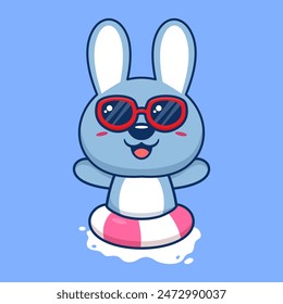 Vector cute rabbit in sunglasses floating with swimming. flat cartoon style