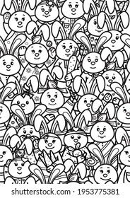 Vector cute rabbits cartoons, coloring page. Seamless pattern of rabbits cartoons.
