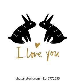 Vector cute rabbits couple in love. Scandinavian style monochrome art. Nursery print, poster, card, t-shirt and other.