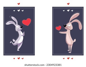 Vector cute rabbits in love. Hares hold a heart in their paws. Greeting card for lovers, declaration of love, compliment.