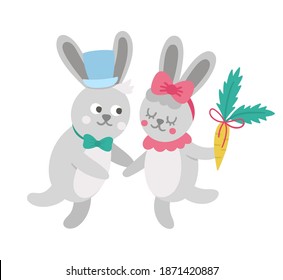 Vector cute rabbits pair. Loving animal couple illustration. Love relationship or family concept. Hugging hares isolated on white background. Funny Valentine’s day characters.
