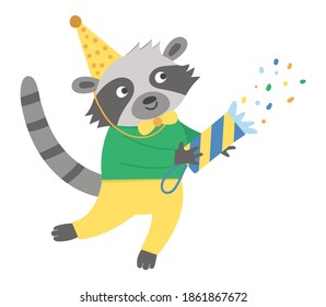 Vector cute raccoon with cracker in birthday hat. Funny b-day animal for card, poster, print design. Bright holiday illustration for kids. Cheerful celebration character icon isolated on white 