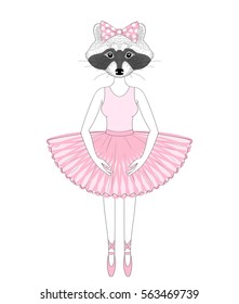 Vector cute raccoon girl in dress like ballerina. Hand drawn anthropomorphic animal, illustration for t-shirt print, kids greeting card, invitation for pet party