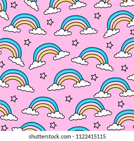 Vector cute rainbow and clouds. Cute clouds and rainbow drawing vector illustration design. Vector pattern with cute clouds. Greeting card, Vector pattern with cute cartoon rainbow.