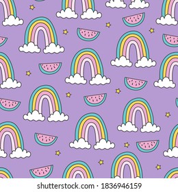 Vector cute rainbow and clouds. Cute clouds and rainbow drawing vector illustration design. Vector seamless pattern with cute clouds. Greeting card, Vector pattern with cute cartoon rainbow.