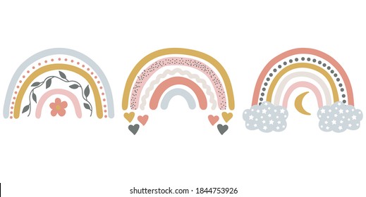 Vector cute rainbow with clouds. Pastel colors. Baby illustrations. Kids background. Baby cute rainbow graphic illustration. Childish scandinavian print for kids, baby, nursery decor