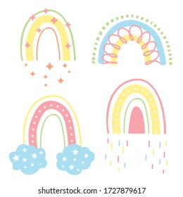 Vector cute rainbow with clouds, stars and rain. Colorful Rain. Pastel colors. Baby illustrations. Kids background. Modern rainbow. Childish scandinavian print for kids, baby, nursery decor.