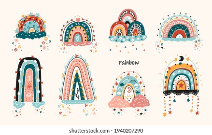 Vector Cute Arcoiris. Montaje de dibujos animados con arcos de lluvia de Boho colorido. Perfecto para el cumpleaños, ducha para bebés, fiesta infantil