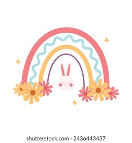 Vector cute rainbow easter with bunny in the middle and flowers on the side on isolated background