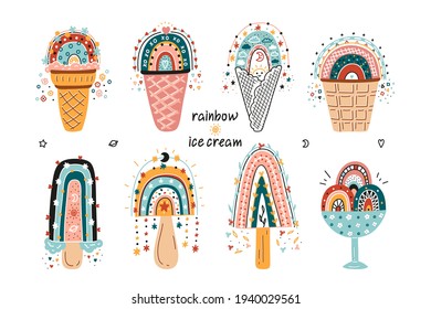 Vector Cute Rainbow Ice Cream. Doodle Clipart Set with Cartoon Colorful  Ice-Cream Rainbows in Waffle Cups and Cones, Popsicle. Perfect for Birthday, Baby Shower, Children's Party