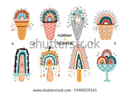 Vector Cute Rainbow Ice Cream. Doodle Clipart Set with Cartoon Colorful  Ice-Cream Rainbows in Waffle Cups and Cones, Popsicle. Perfect for Birthday, Baby Shower, Children