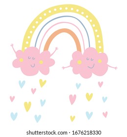 Vektorillustration süßer Regenbogen mit lächelnden fröhlichen Wolken. Regen von Herzen. Pastellfarben. Baby-Illustrationen. Kinderhintergrund. Handgezeichneter Regenbogen. Kinderskandinavischer Ausdruck für Kinder, Baby- und Kindereinrichtung.