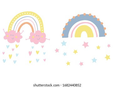 Vector adorable arco iris con sonrientes nubes felices. Lluvia de corazones y estrellas. Colores Pastel. Ilustraciones para bebés. Niños de fondo. Dibujo escandinavo infantil para los niños, decoración para bebés y viveros.