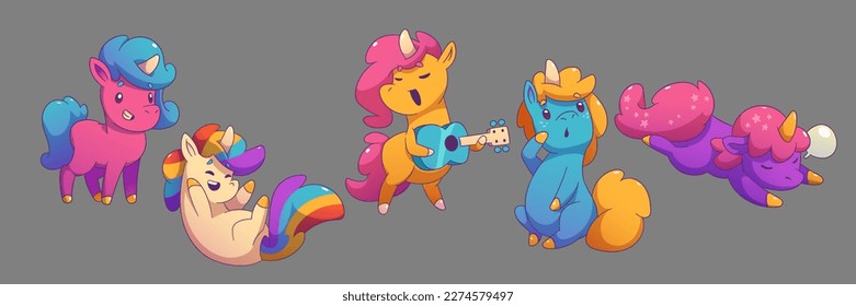 Vector cute rainbow unicorn illustration design. Baby pony cartoon fairy animal set. Isolated magic horse icon collection with face expression and different pose. Magical creature character with horn.