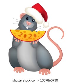 Vector cute rat wearing Santa Claus hat 3d cartoon style isolated on white template for calendar front page souvenir