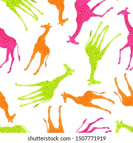 Vector cute realistic illustration of giraffes seamless pattern. Neon colorful background