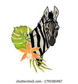 Vector cute realistic illustration of zebras with tropical flowers, trees, palms and leaves