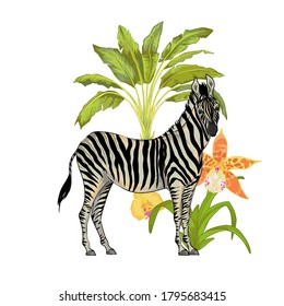Vector cute realistic illustration of zebras with tropical flowers, trees, palms and leaves