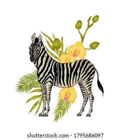 Vector cute realistic illustration of zebras with tropical flowers, trees, palms and leaves