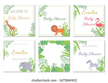 Vector cute realistic set of African animals lion, flamingo bird, giraffe, elephant, zebra, with flowers, trees and plants. Six template for baby shower