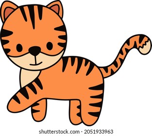 Vector cute red baby tiger standing pose. Doodle baby tiger for nursery decoration. Isolated element