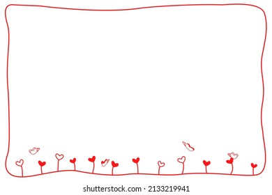 Vector - Cute red border or frame with many hearts flower and butterfly isolated on white background. Doodle. Copy space for any text design. Valentine's, wedding, invitation card.