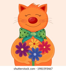 Vector cute red cat with bow and flowers. Flat style sticker for nursery and children.