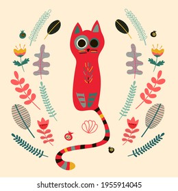 Vector cute red cat with a variety of colors in the Scandinavian style on a light background. Children's illustration for posters, books, pajamas, fabrics, toys, postcards