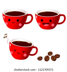 Vector cute red coffee cup character in different actions with coffee beans