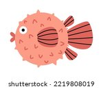 Vector cute red globefish. Tropical fish in flat design. Marine underwater balloonfish. Blowfish with striped fins.