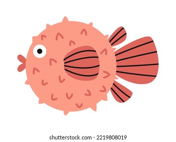 El pez globo rojo lindo vector. Pescado tropical de diseño plano. Balonceses marinos submarinos. Marisco con aletas rayadas.