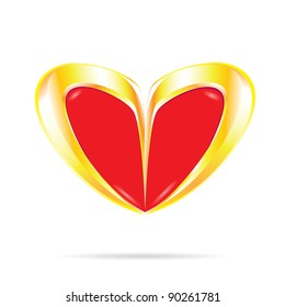 vector cute red heart with golden frame on white background.