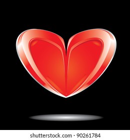 vector cute red heart with red metal frame on black background.